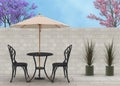 Garden scene with wall and plants with seating and table