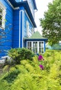 Garden scenery of blue wooden old house with alive plants flowers and trees with leaves on a sprong summer day greenery floral nat Royalty Free Stock Photo