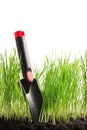 Garden scoop, gardening spade in green grass