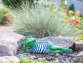 A garden sculpture of a frog lying on the floor reading a book