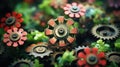 Garden sculptures of corroded green and red metal flowers - generative AI