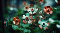 Garden sculptures of corroded green and red metal flowers - generative AI