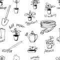 Garden seamless vector background with plants, seedlings and garden tools