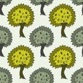 Garden seamless pattern with doodle olive tree on green background. Vector olive trees texture