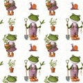 Garden seamless pattern with frog and snail, watercolor style background