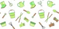 Garden seamless pattern with green and brown home garden tools on a white background