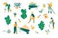 Gardening. A set of objects and people involved in the care of plants. Gardeners men and women, care tools, trees and plants.