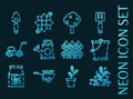 Garden set icons. Blue glowing neon style Royalty Free Stock Photo