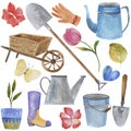 2291 garden, set of watercolor illustrations, garden tools, flowers, gardening, bird arrival, isolate on a white background Royalty Free Stock Photo