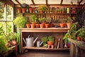 garden shed filled with potted plants and garden supplies Royalty Free Stock Photo