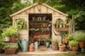 garden shed filled with potted plants and garden supplies Royalty Free Stock Photo