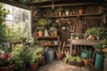 garden shed filled with potted plants and garden supplies Royalty Free Stock Photo