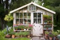 a garden shed with a greenhouse window, showcasing exotic plants and flowers