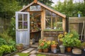 a garden shed with a greenhouse window, showcasing exotic plants and flowers