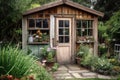 a garden shed with a greenhouse window, showcasing exotic plants and flowers Royalty Free Stock Photo