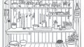 Line Art Garden Shed Interior with Plants and Tools Royalty Free Stock Photo