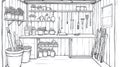 Gardening Shed Interior with Tools, Plants, and Shelves - Line Art Royalty Free Stock Photo