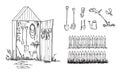 Garden shed and set of geardening tools and lawn mower, vector sketch