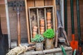 A garden shed showing tools and terracotta pots. Royalty Free Stock Photo