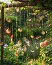 A garden with shells hanging from the trees Royalty Free Stock Photo