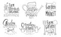 Garden Shop Organic Product Hand Drawn Badges Set, Farm Organic Market Monochrome Vector Illustration