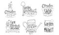 Garden Shop Organic Product Hand Drawn Badges Set, Natural Farm Organic Market Monochrome Vector Illustration