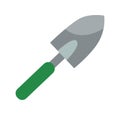 Garden shovel with green handle. Gardening and agriculture. Digging and planting. Flat image