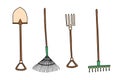 Garden shovel, pitchfork and rake. Hand drawn simple vector icon. Royalty Free Stock Photo