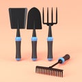 Garden shovel, pitchfork and rake on orange background, summer camping concept Royalty Free Stock Photo