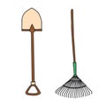 Garden shovel and rake. Hand drawn simple icon.