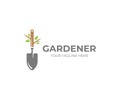 Garden shovel and tree with green leaves logo template. Gardening plant, garden tool vector design Royalty Free Stock Photo