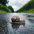 Garden snail crawls on wet road, journeying home under overcast sky Royalty Free Stock Photo