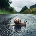 Garden snail crawls on wet road, journeying home under overcast sky