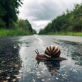 Garden snail crawls on wet road, journeying home under overcast sky