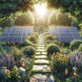 Zen Energy Haven: Garden with Solar Panels, Flowers, Trees, and Lanterns, generative ai Royalty Free Stock Photo