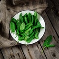 Garden sorrel in a bowl on wooden table. Style rustic. . Royalty Free Stock Photo