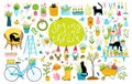 Garden spring set with black cats. A large collection of vector cartoon elements in a simple childish hand-drawn style Royalty Free Stock Photo