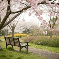Garden in Spring with tranquil cherry blossom bench Royalty Free Stock Photo