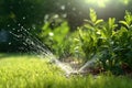 garden sprinkler watering the lawn with plants in the background in the garden. Generative AI