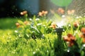 garden sprinkler watering the lawn with plants in the background in the garden. Generative AI