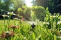 garden sprinkler watering the lawn with plants in the background in the garden. Generative AI