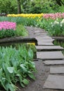 Garden stepping stone path through colorful flowers Royalty Free Stock Photo