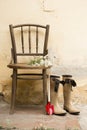 Garden still life with gum boots and garden tools Royalty Free Stock Photo