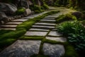 Garden stone path with grass growing up between the stones.Detail of a botanical garden