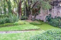 Garden with a stream covered with algae bloom, narrow irrigation canal for runoff water between green grass Royalty Free Stock Photo