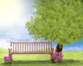 Garden in summer with a green tree and flowering cosmea, the garden sofa is under the tree