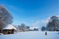 Garden with summerhouse covered in fresh snow Royalty Free Stock Photo