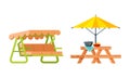 Garden Swing with Awning and Table Served with Food for Barbecue and Picnic Vector Set