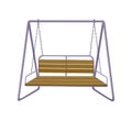 Garden swing bench. Classic outdoor garden wooden hanging furniture. Wooden porch swing hanging on frame with chains