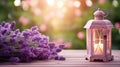 Garden table with lavender decoration and lantern